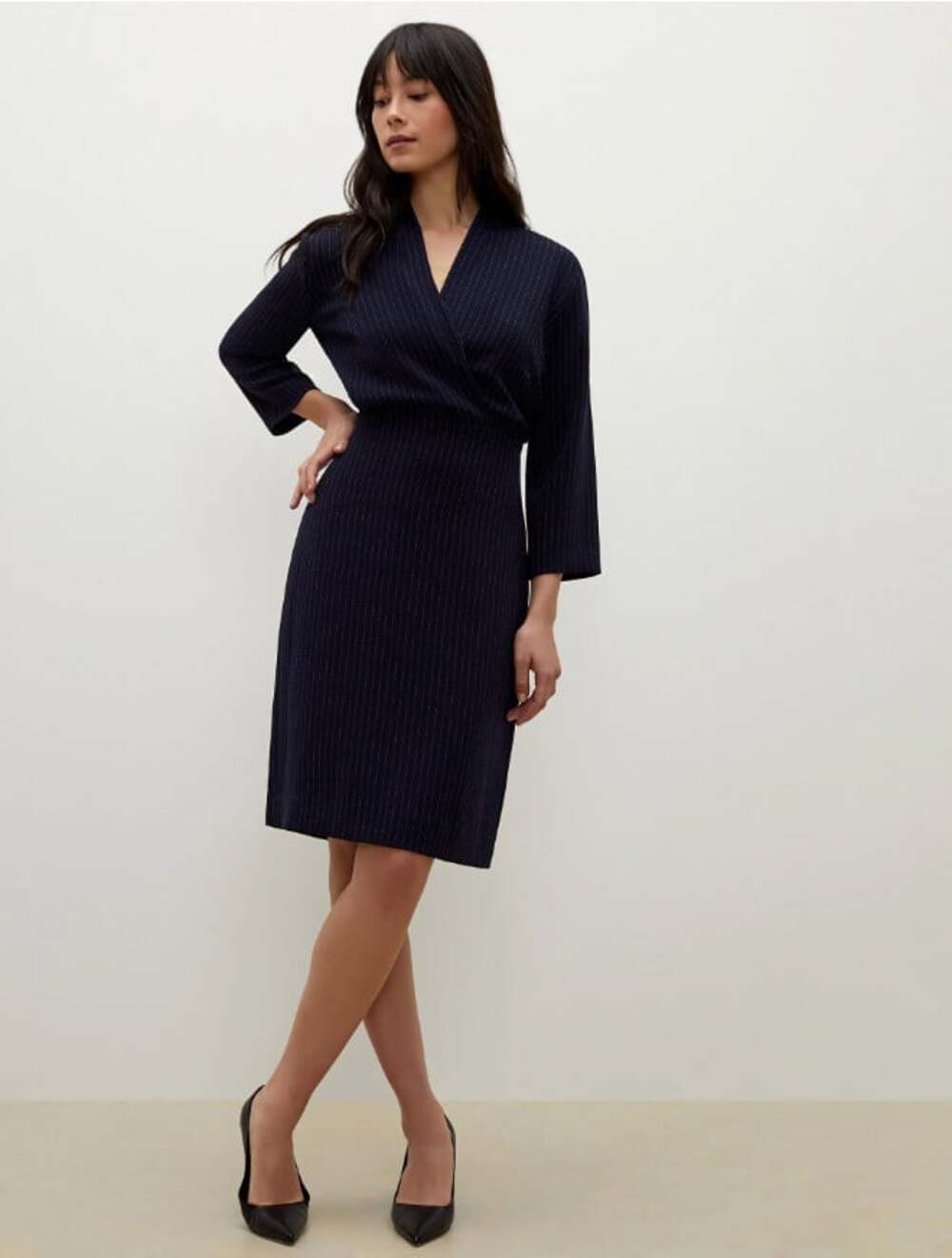 M.M. Lafleur Niko Dress Womens 0 Blue Pinstripe V Neck 3/4 Sheath Workwear
